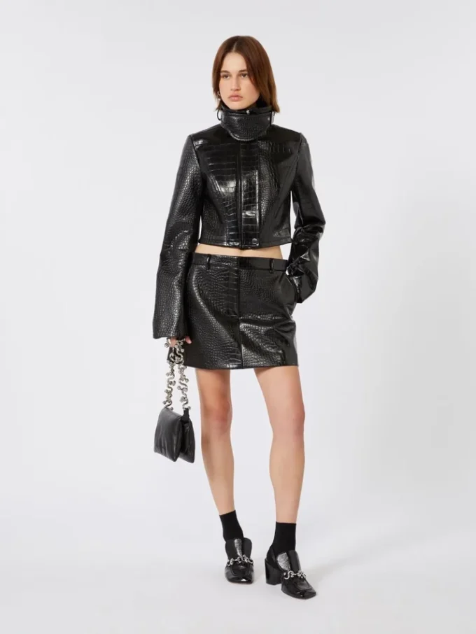Alligator-look patent leather mini skirt, black