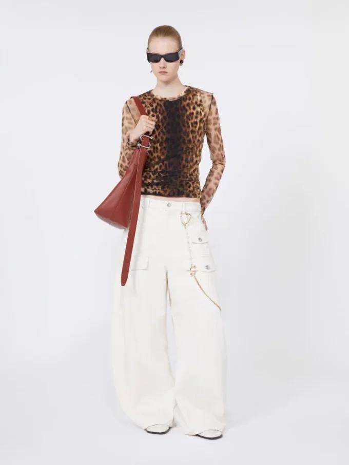 Animal-print bi-material top, beige shaded Animal-print bi-material top, beige shaded