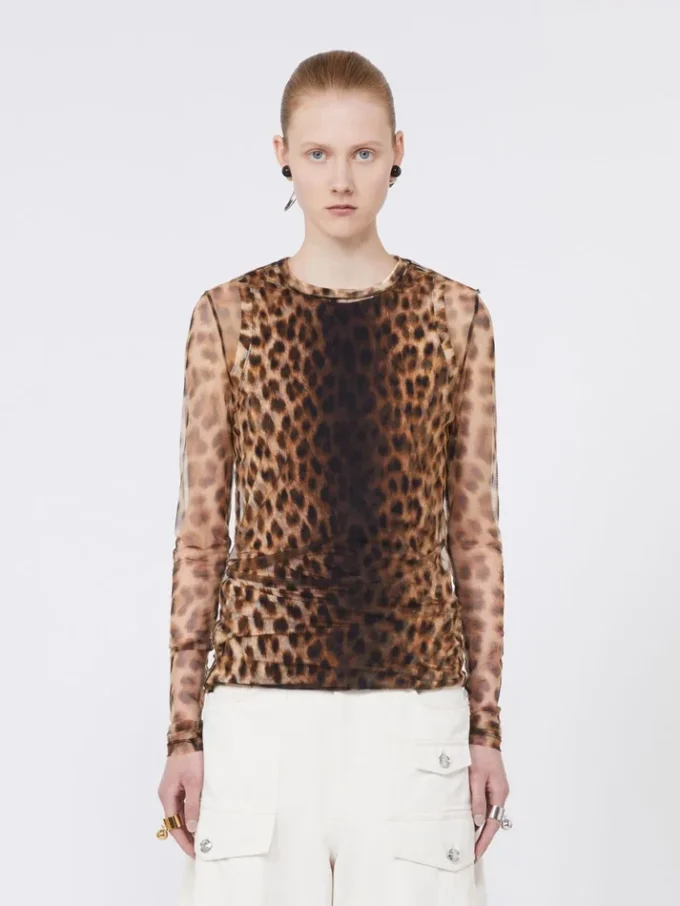 Animal-print bi-material top, beige shaded Animal-print bi-material top, beige shaded