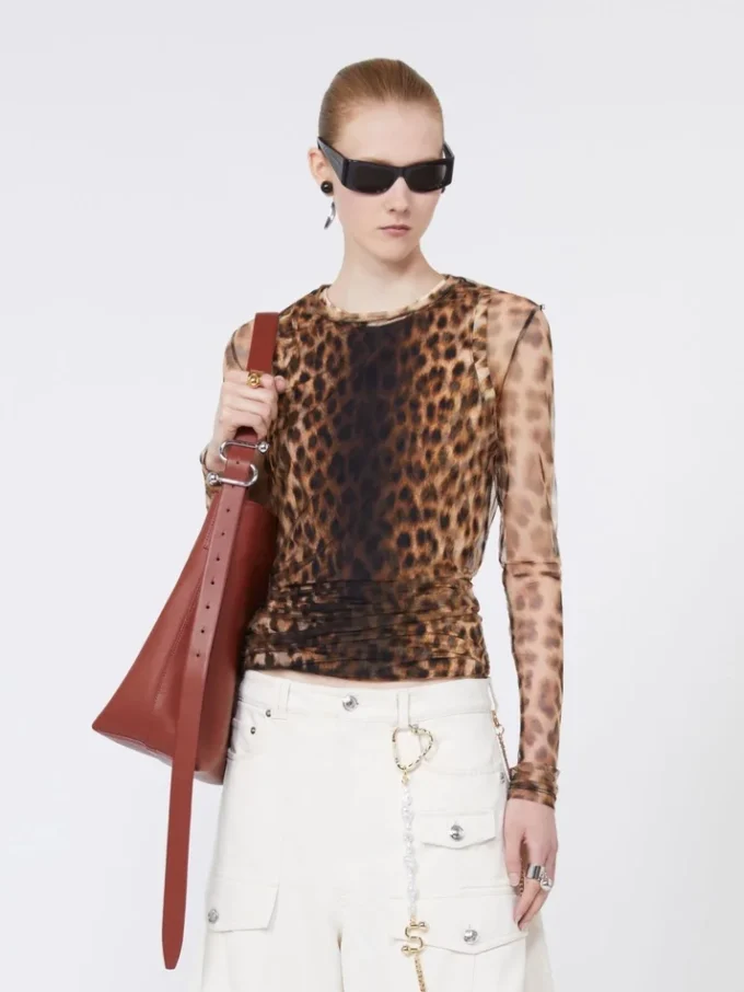 Animal-print bi-material top, beige shaded Animal-print bi-material top, beige shaded