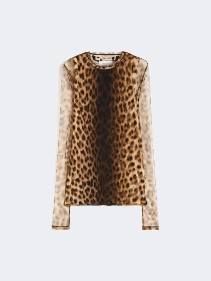 Animal-print bi-material top, beige shaded Animal-print bi-material top, beige shaded