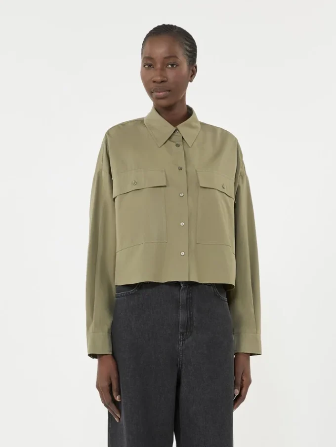 Asymmetrical washed cotton shirt, kaki