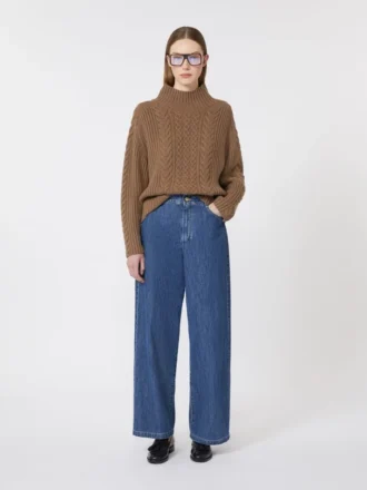 Cable-knit wool and cashmere polo-neck sweater, mud