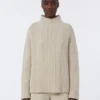 Cable-knit wool and cashmere polo-neck sweater, white