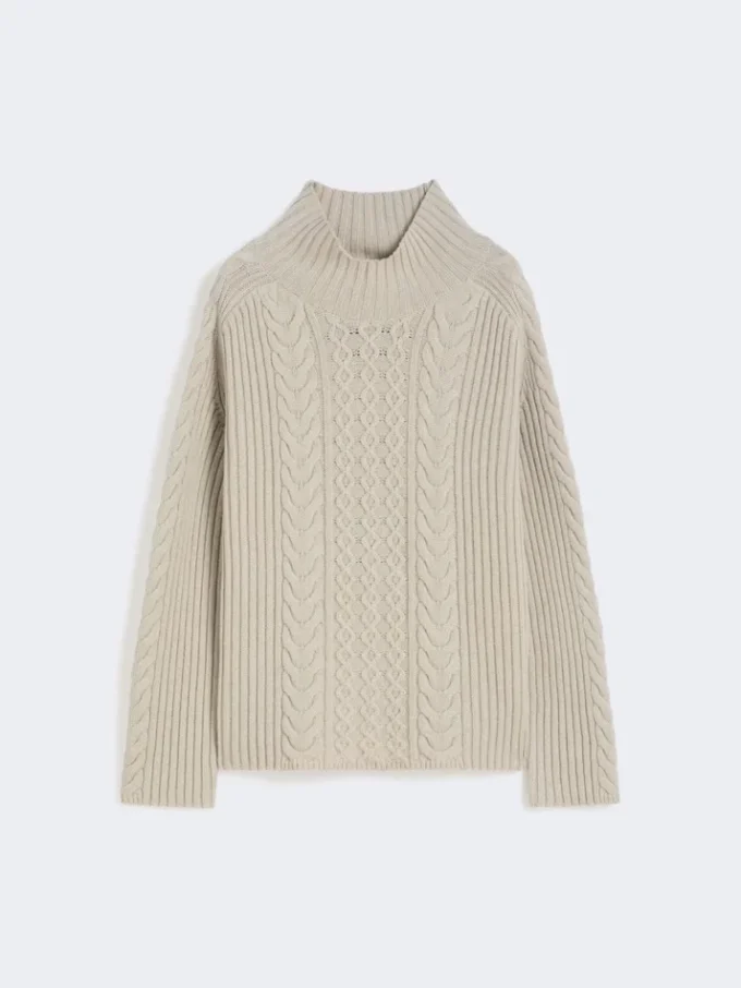 Cable-knit wool and cashmere polo-neck sweater, white
