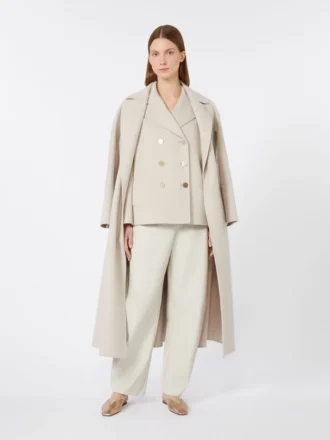 Coated fabric barrel-leg trousers, sand