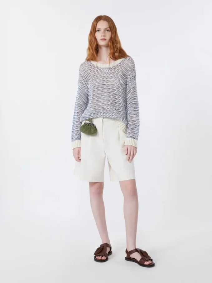 Cotton and linen canvas bermuda shorts, ecru