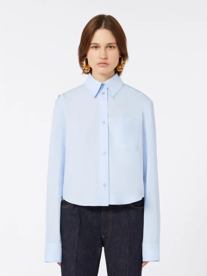 Cotton cropped shirt with pleated back, light blue Cotton cropped shirt with pleated back, light blue