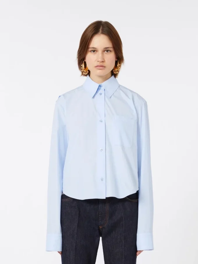 Cotton cropped shirt with pleated back, light blue Cotton cropped shirt with pleated back, light blue