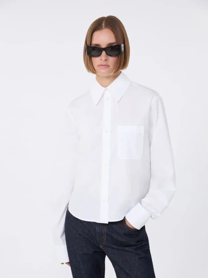 Cotton cropped shirt with pleated back, optical white Cotton cropped shirt with pleated back, optical white