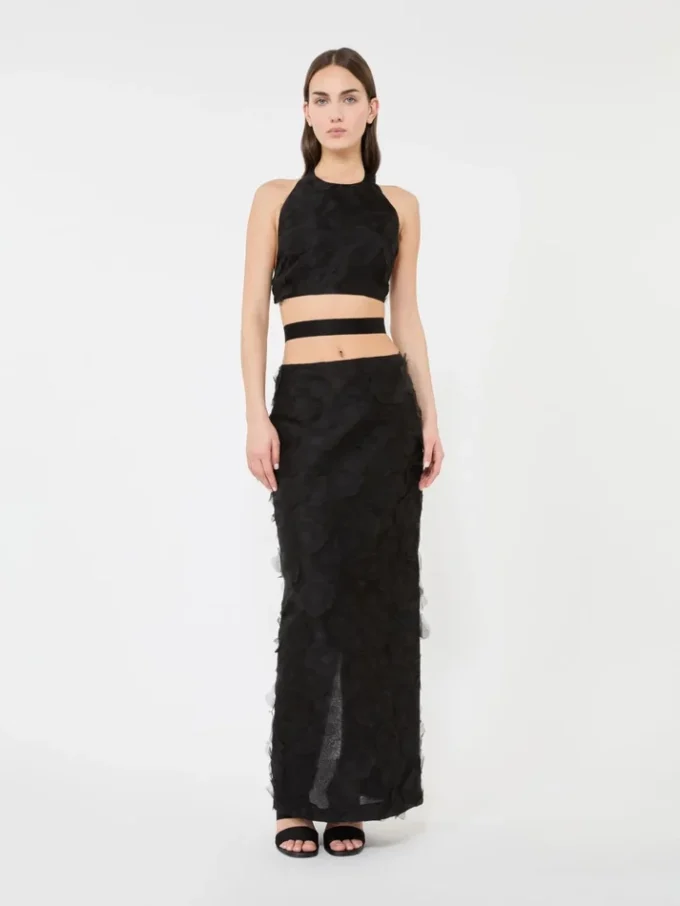Crop top in silk fil coupa jacquard, black Crop top in silk fil coupa jacquard, black