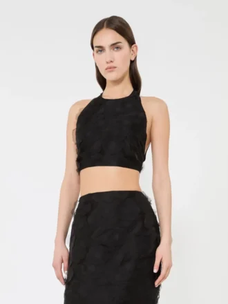 Crop top in silk fil coupa jacquard, black