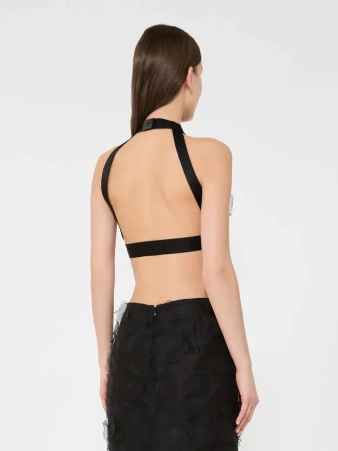 Crop top in silk fil coupa jacquard, black Crop top in silk fil coupa jacquard, black