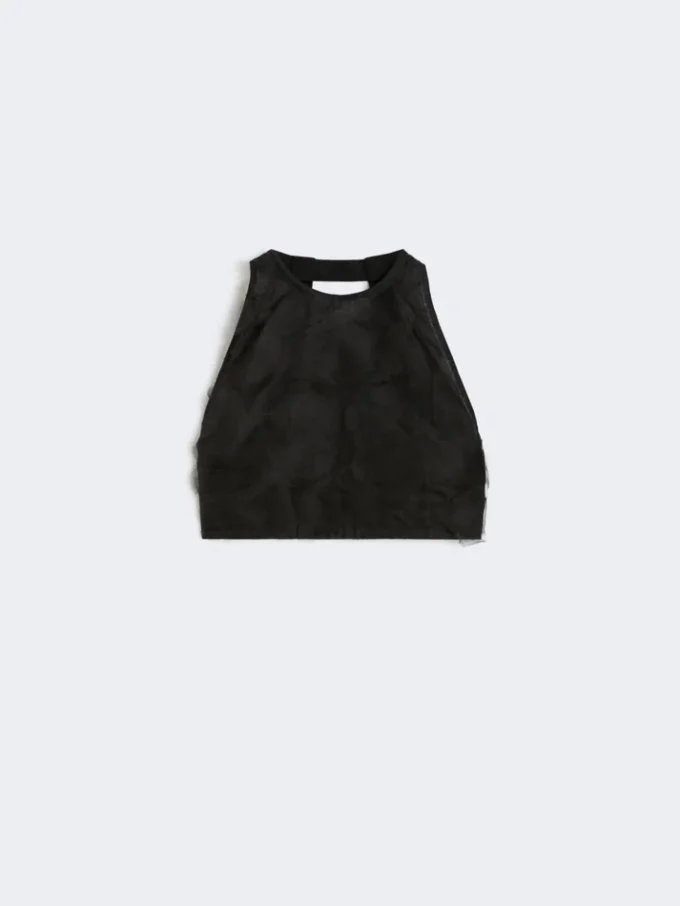Crop top in silk fil coupa jacquard, black Crop top in silk fil coupa jacquard, black