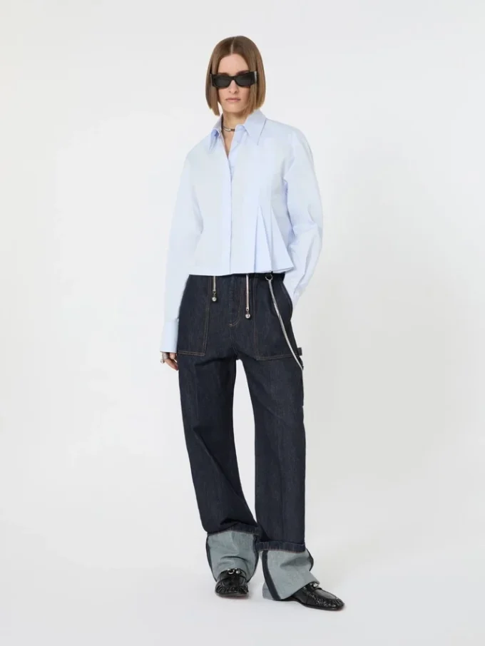Cropped poplin shirt with asymmetrical pleats, avio Cropped poplin shirt with asymmetrical pleats, avio