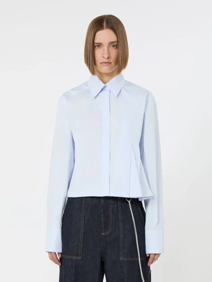 Cropped poplin shirt with asymmetrical pleats, avio Cropped poplin shirt with asymmetrical pleats, avio