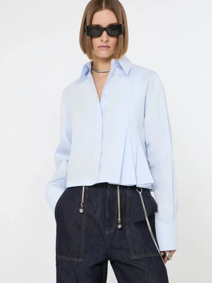 Cropped poplin shirt with asymmetrical pleats, avio Cropped poplin shirt with asymmetrical pleats, avio