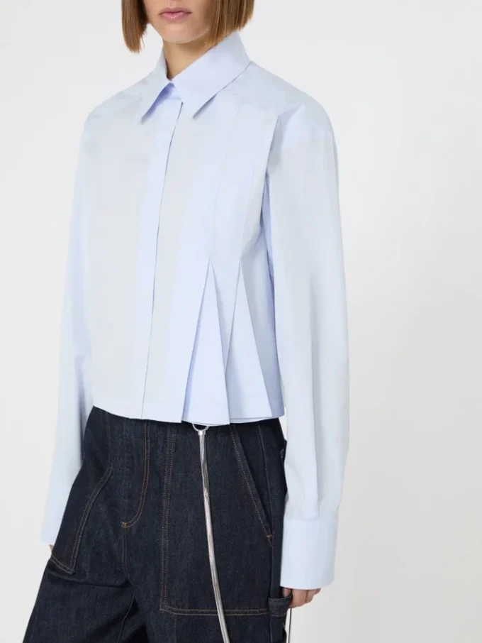 Cropped poplin shirt with asymmetrical pleats, avio Cropped poplin shirt with asymmetrical pleats, avio