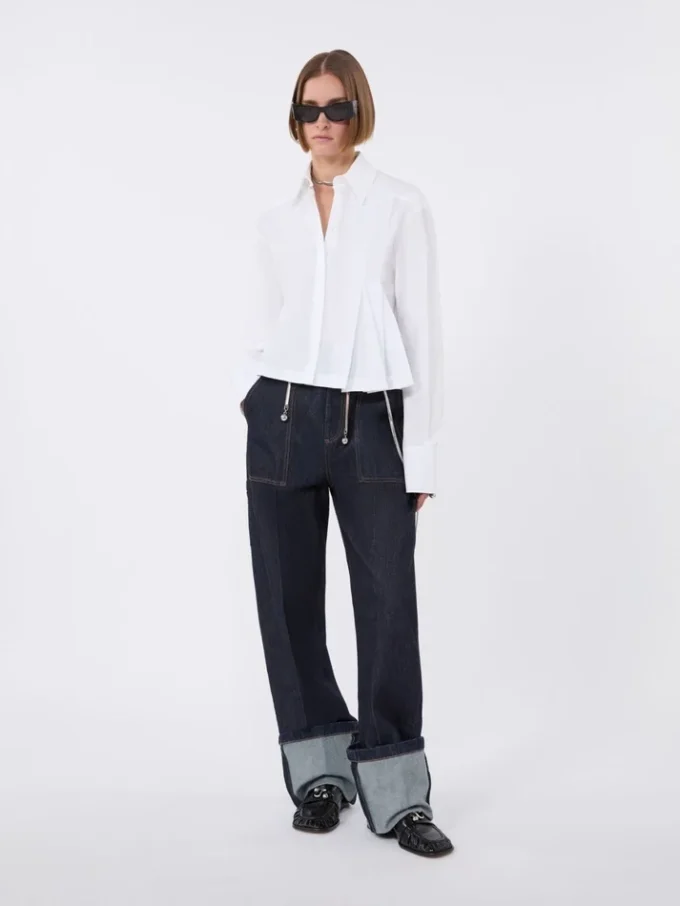 Cropped poplin shirt with asymmetrical pleats, optical white Cropped poplin shirt with asymmetrical pleats, optical white