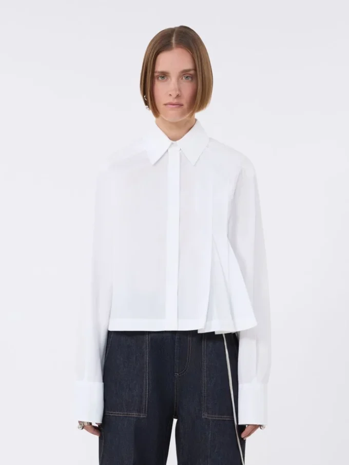 Cropped poplin shirt with asymmetrical pleats, optical white Cropped poplin shirt with asymmetrical pleats, optical white