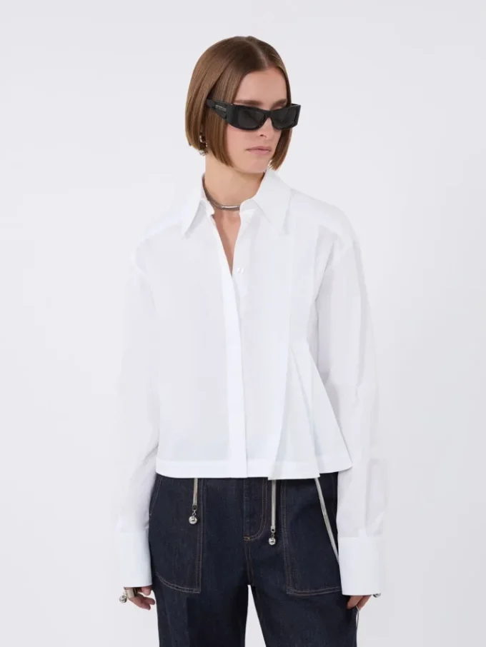 Cropped poplin shirt with asymmetrical pleats, optical white Cropped poplin shirt with asymmetrical pleats, optical white