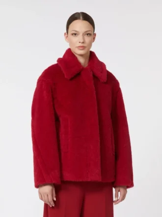 Cropped teddy coat in alpaca and wool, red