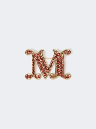 Crystal-adorned monogram brooch, red