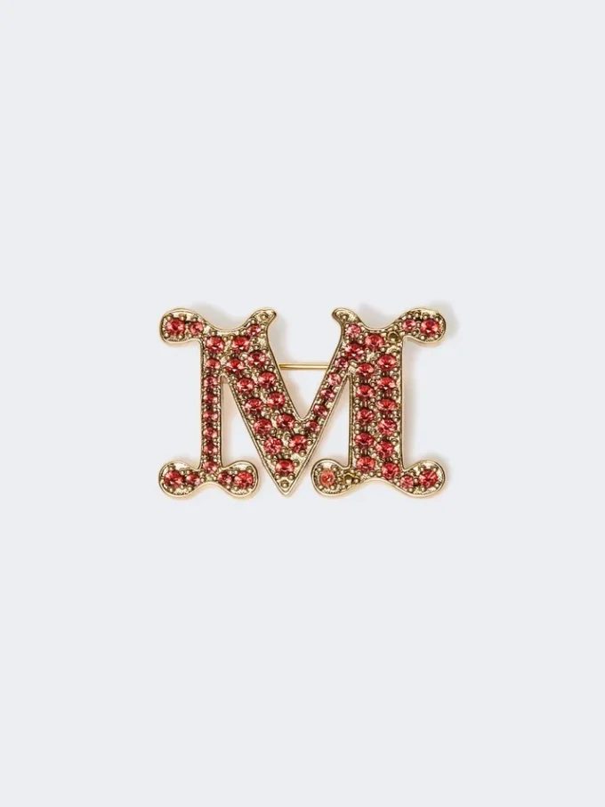 Crystal-adorned monogram brooch, red