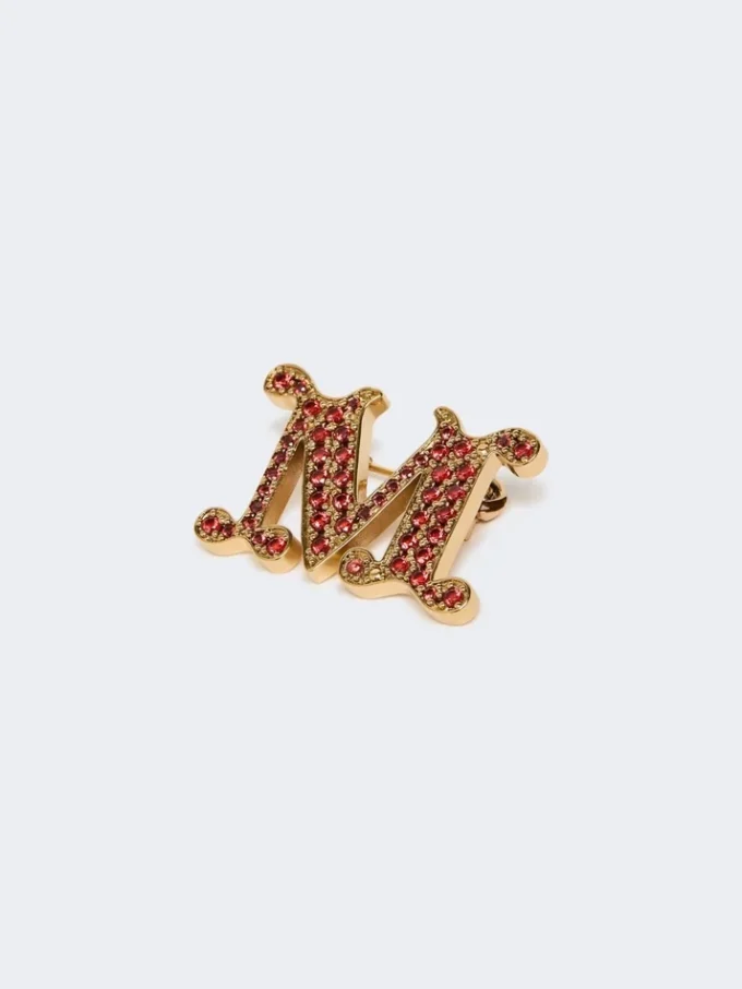 Crystal-adorned monogram brooch, red