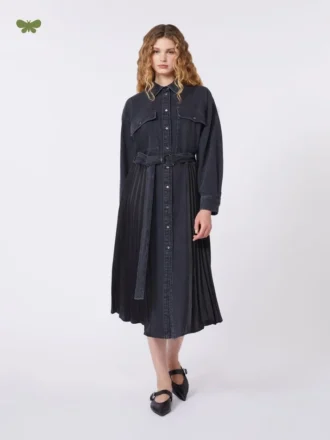 Denim and satin shirt dress, black