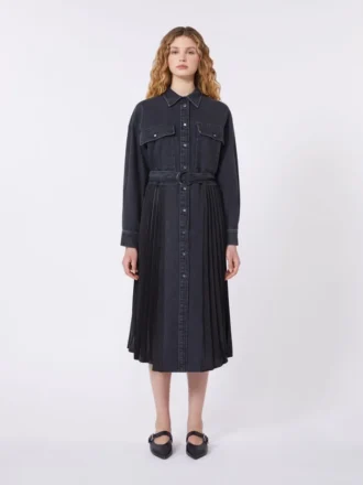 Denim and satin shirt dress, black
