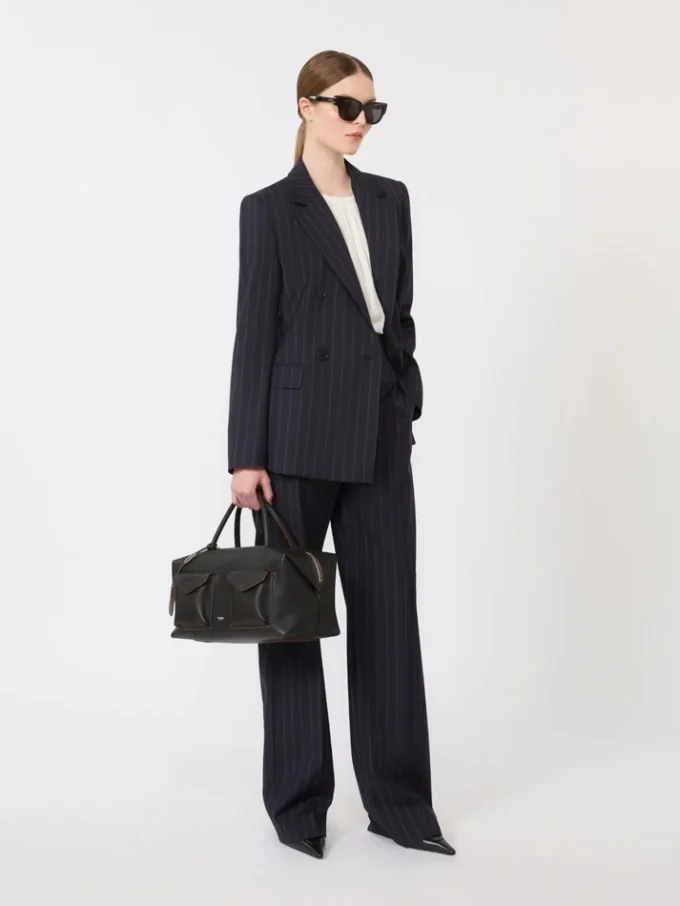 Double-breasted pinstripe wool blazer, navy