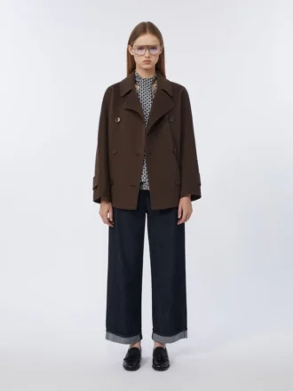 Double-breasted pure-wool cropped coat, chocolate