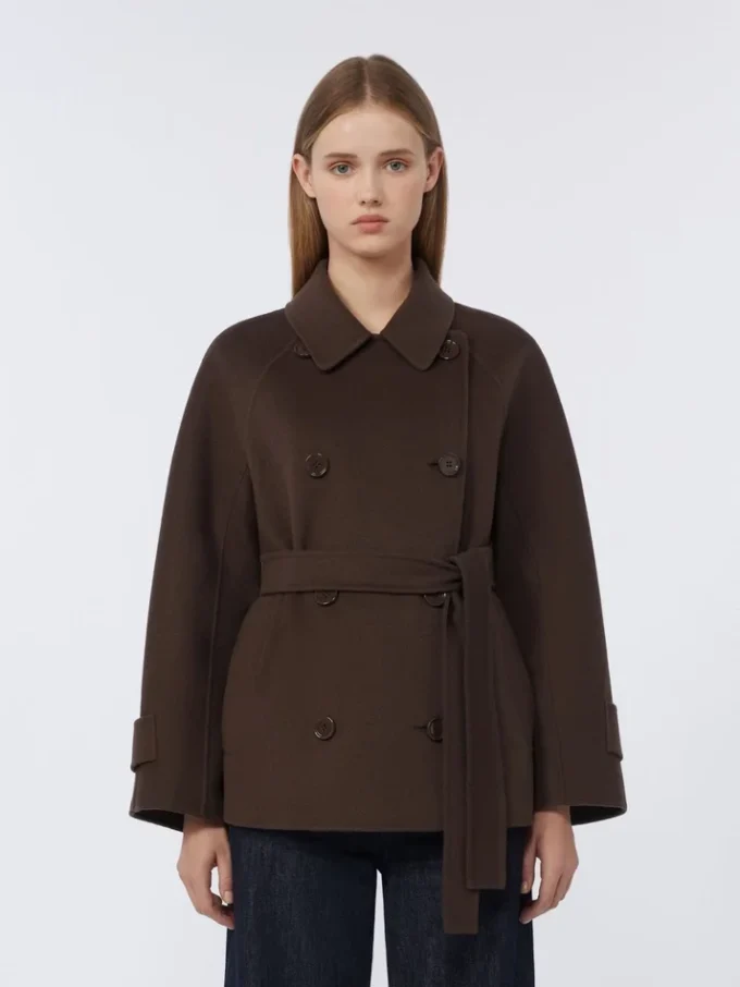 Double-breasted pure-wool cropped coat, chocolate Double-breasted pure-wool cropped coat, chocolate