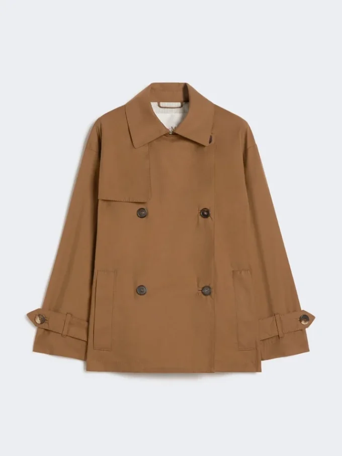 Double-breasted water-repellent cotton trench coat, tobacco
