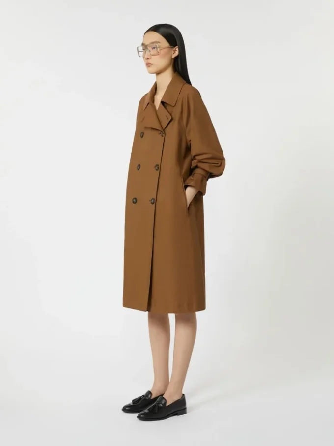 Double-breasted water-repellent twill trench coat, tobacco