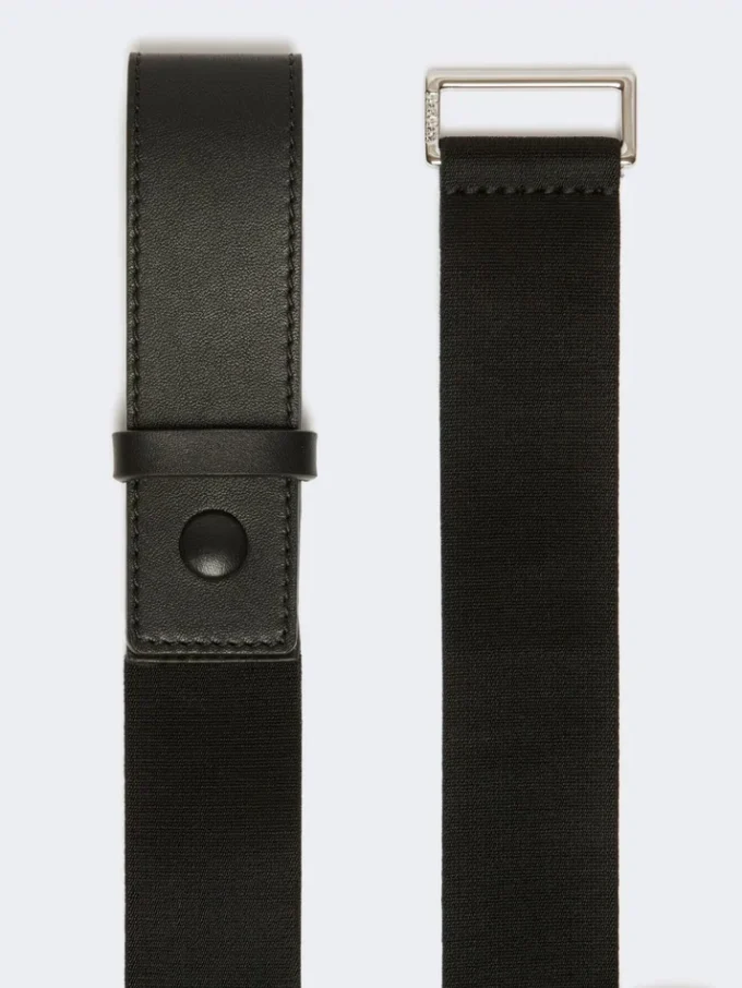Elasticated webbing and leather belt, black