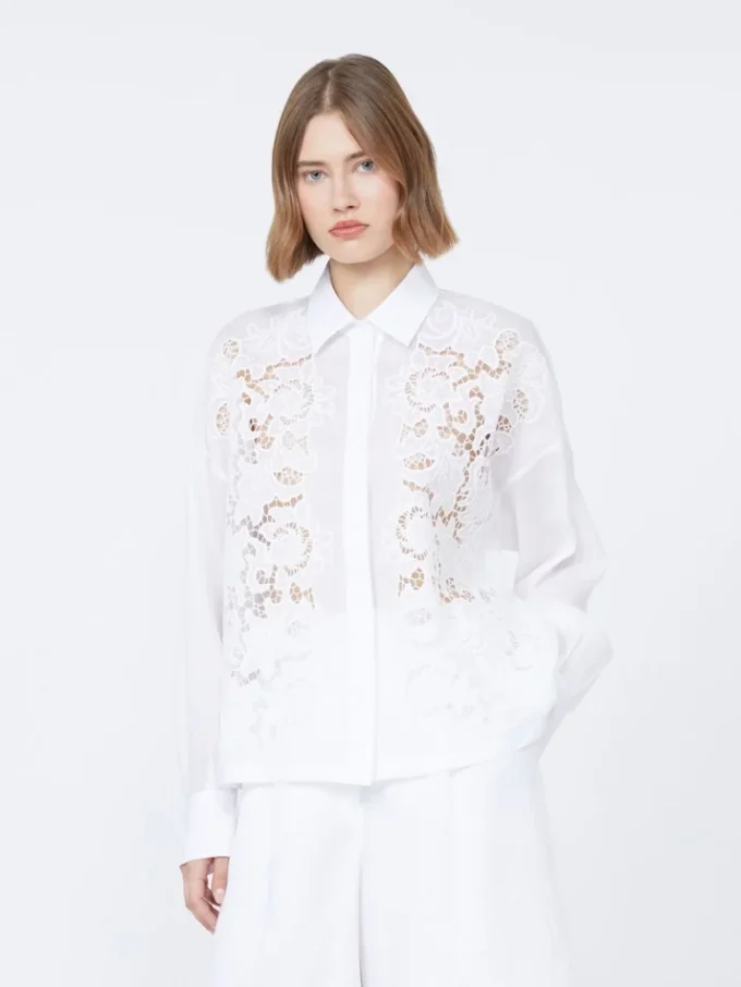 Embroidered ramie canvas boxy shirt, white Embroidered ramie canvas boxy shirt, white