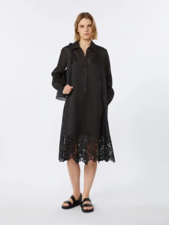 Embroidered ramie gauze shirt dress, black Embroidered ramie gauze shirt dress, black