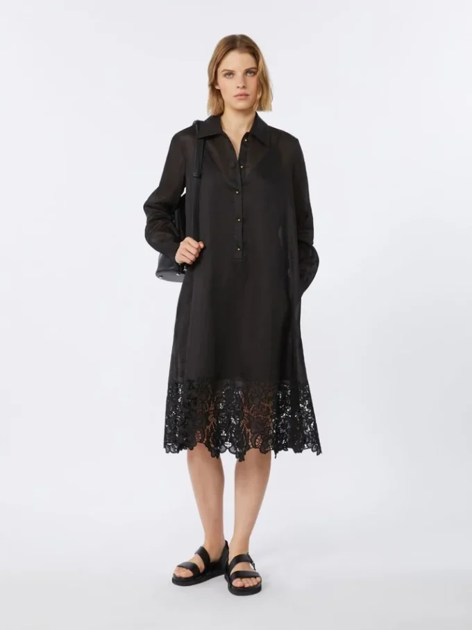 Embroidered ramie gauze shirt dress, black