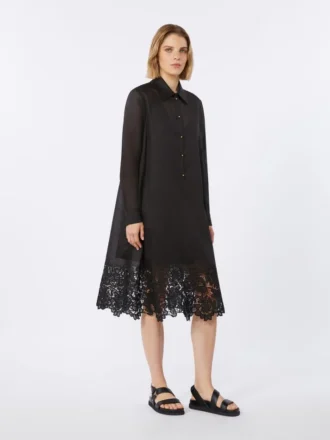 Embroidered ramie gauze shirt dress, black Embroidered ramie gauze shirt dress, black