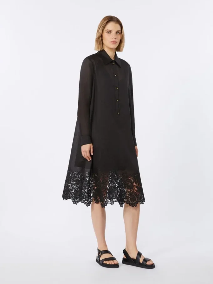 Embroidered ramie gauze shirt dress, black