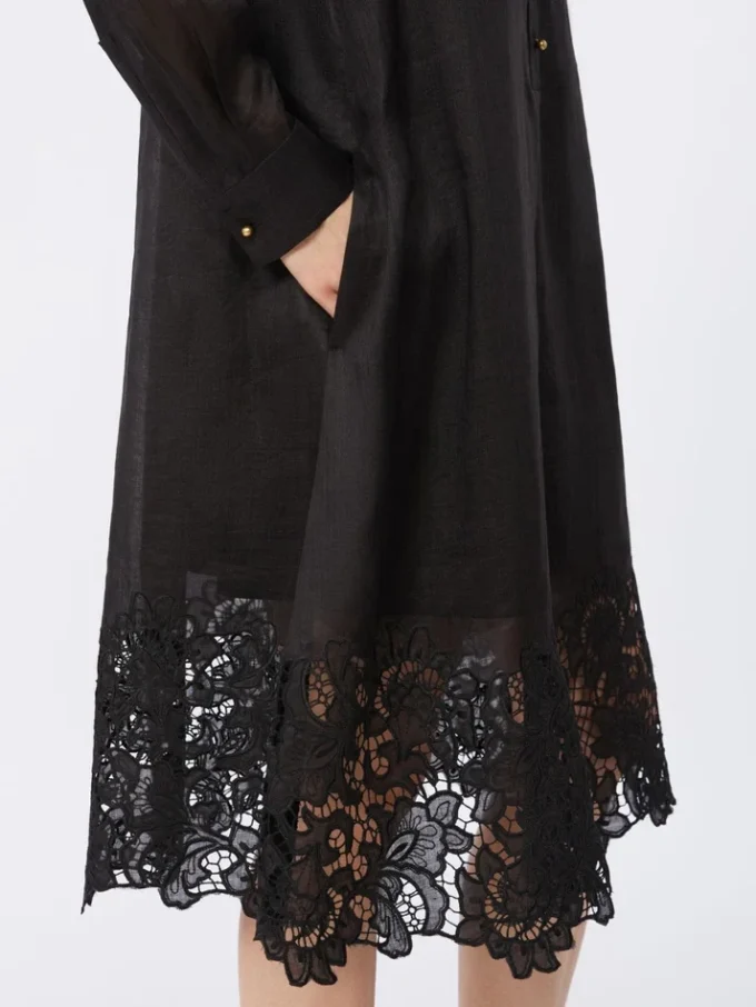 Embroidered ramie gauze shirt dress, black