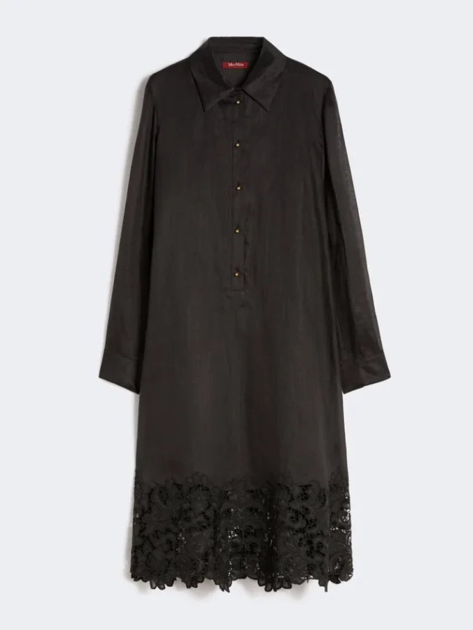 Embroidered ramie gauze shirt dress, black