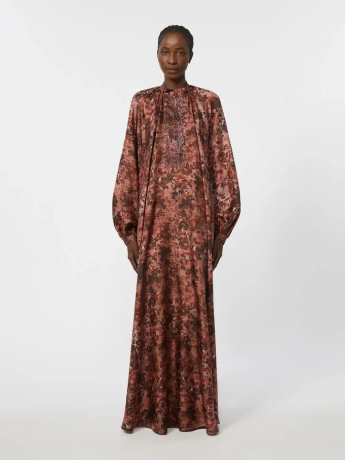 Flared printed silk dress, bordeaux Flared printed silk dress, bordeaux
