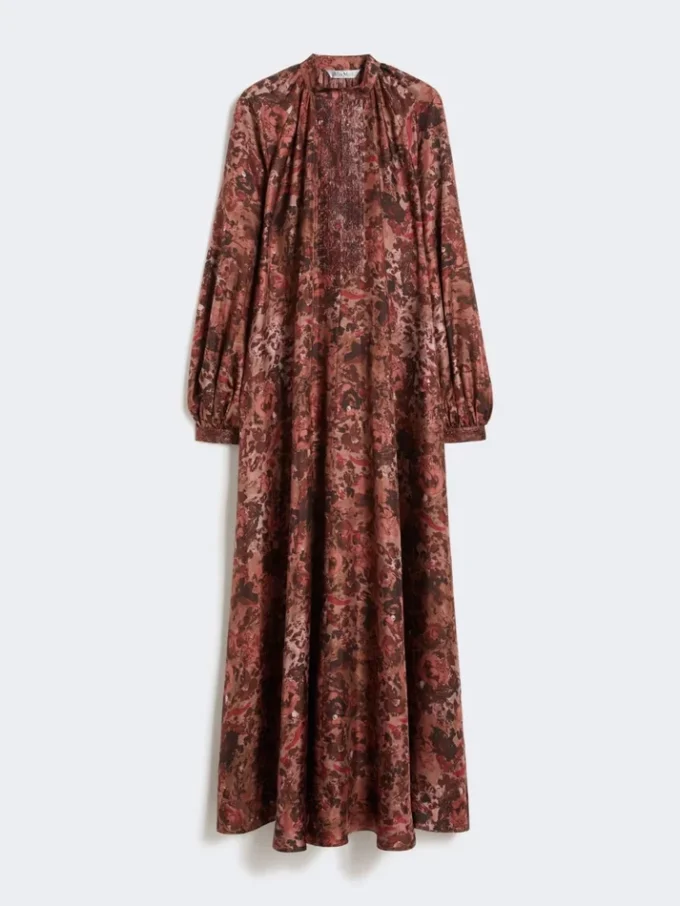 Flared printed silk dress, bordeaux Flared printed silk dress, bordeaux