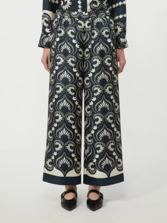 Fluid printed silk trousers, navy