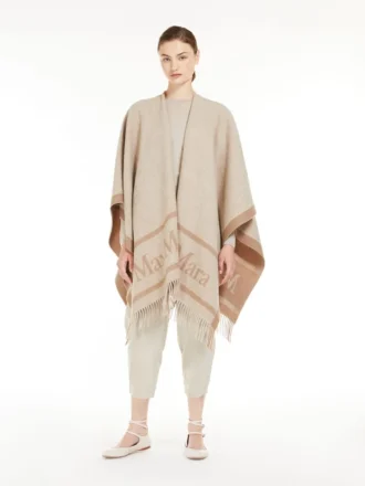 Jacquard wool poncho, beige