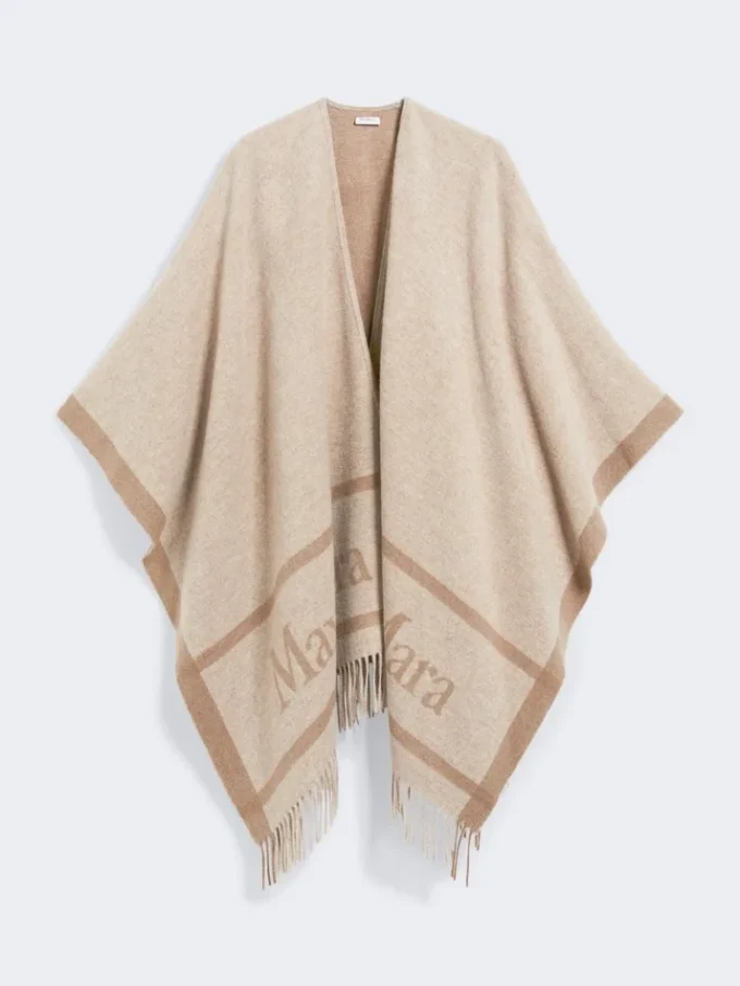 Jacquard wool poncho, beige