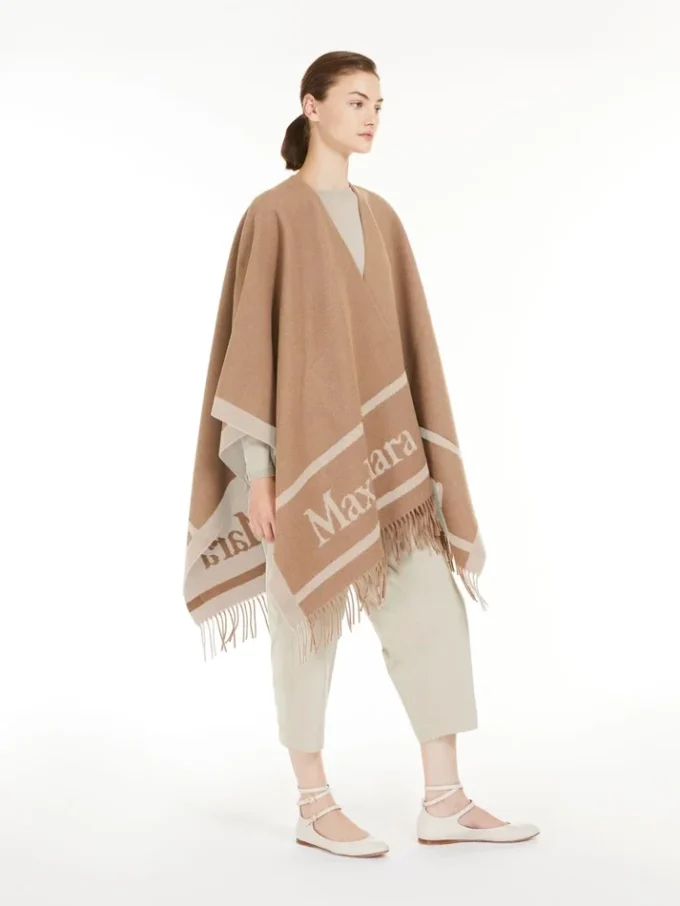 Jacquard wool poncho, camel